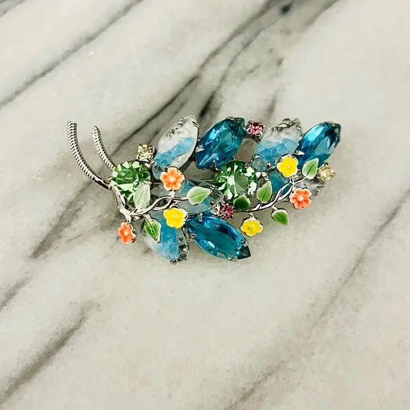 Vintage Blue Crystal Brooch Prong Set Navettes Green Pink Accent Enamel Flower
